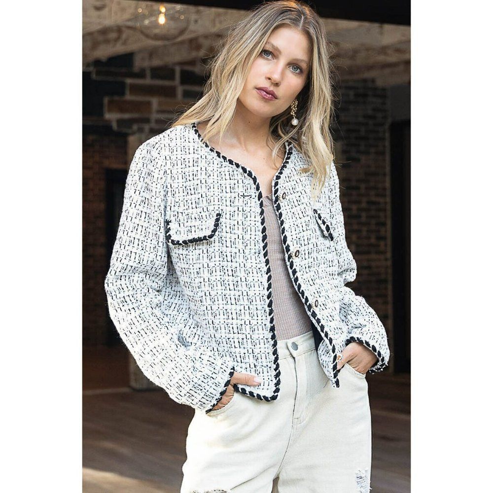 POL CLOTHING Luxe Women's Sweater Cardigan Black White Button Up New FWJ190 - Picture 2 of 10